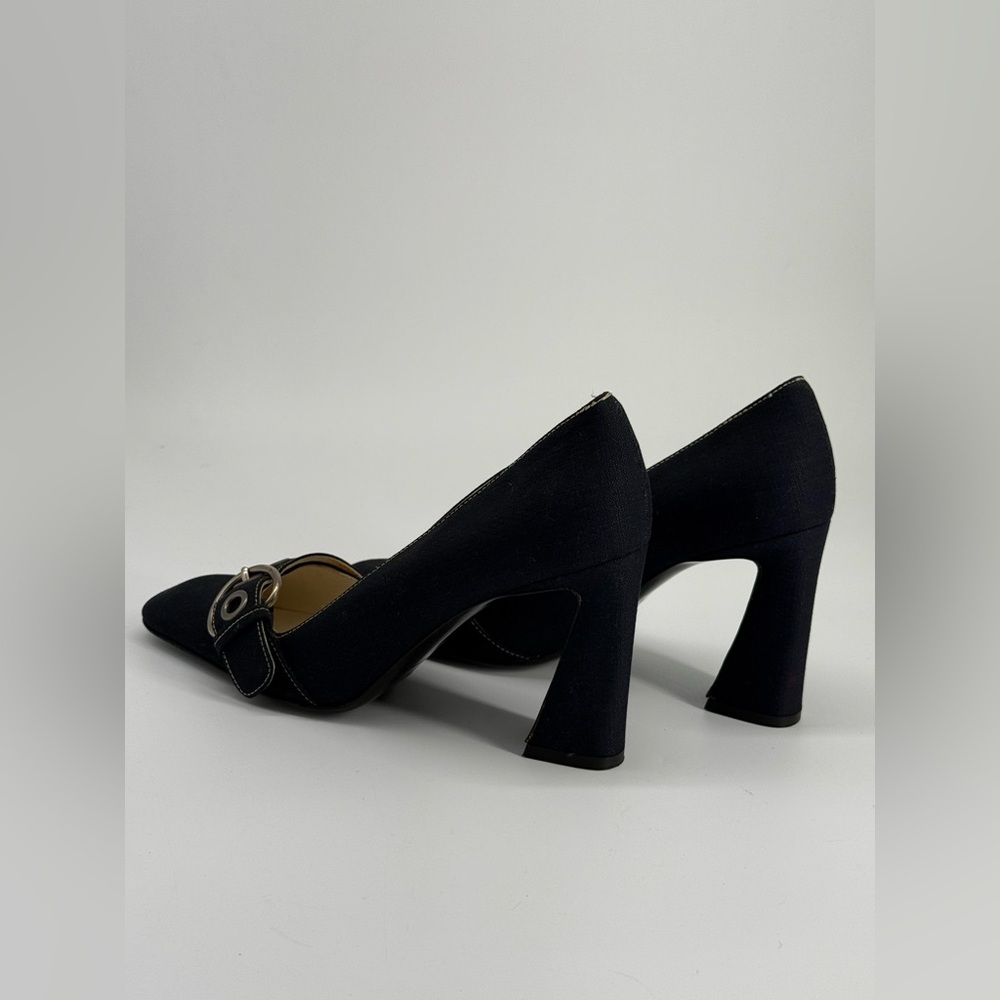 Prada Calzature Donna Linen and Leather Buckle Heels Size EU 37 1/2 - Picture 3 of 9